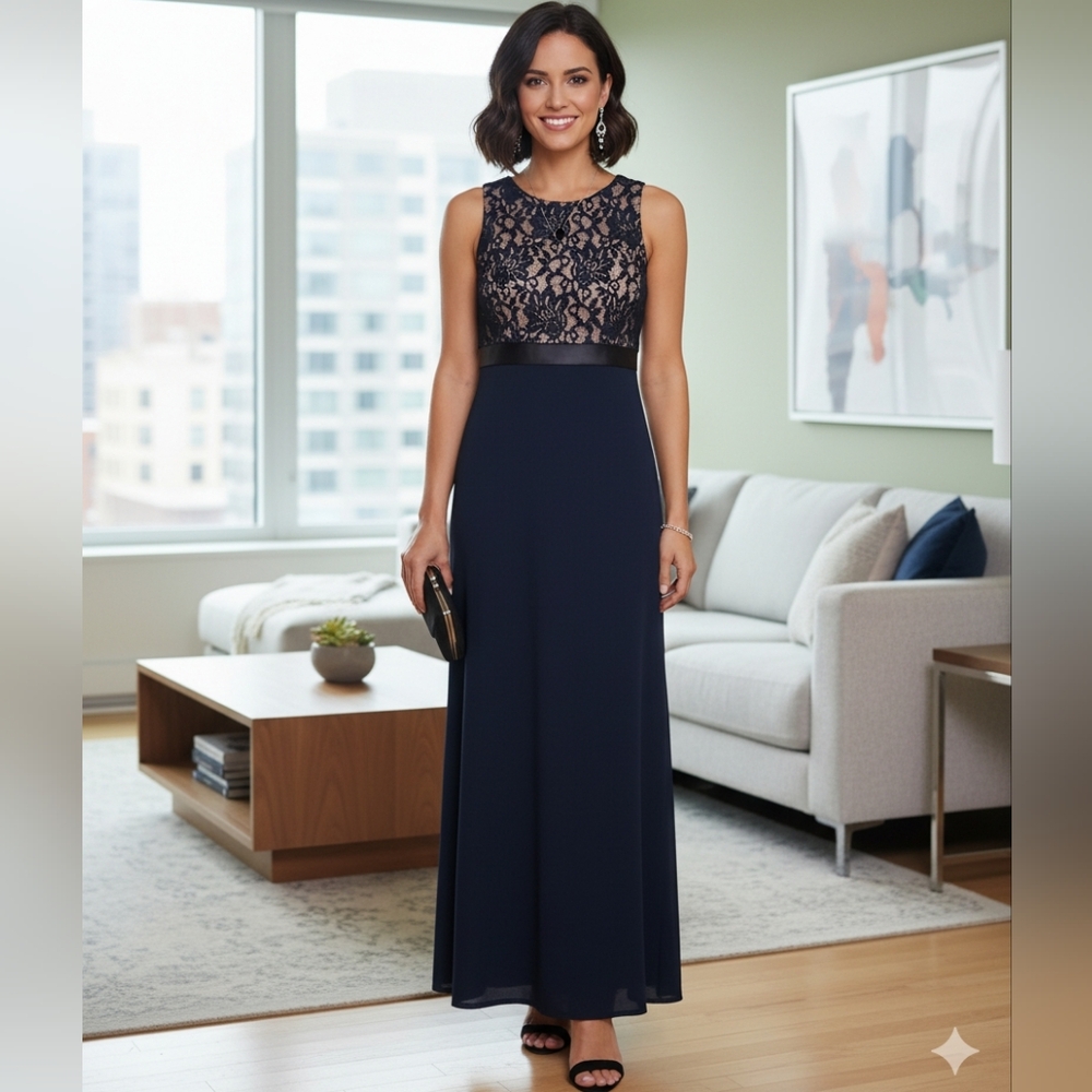 Night Way long maxi cocktail formal   prom dress navy blue peek a boo Sleeveless